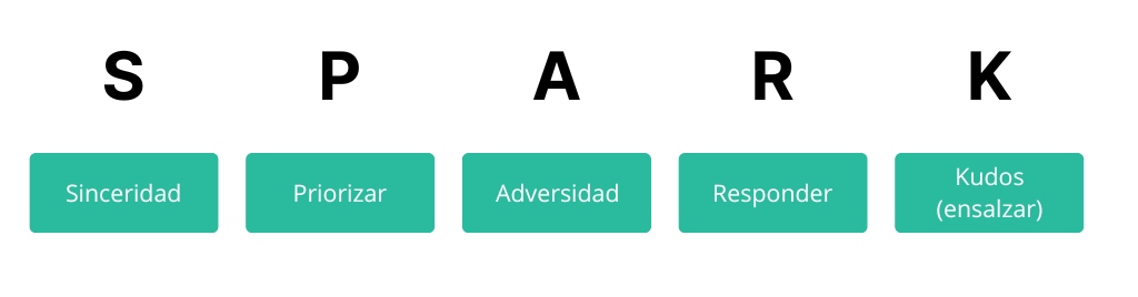 Acrónimo SPARK líderes en épocas turbulentas: Sinceridad; Priorizar; Adversidad; Responder y Kudos (ensalzar)