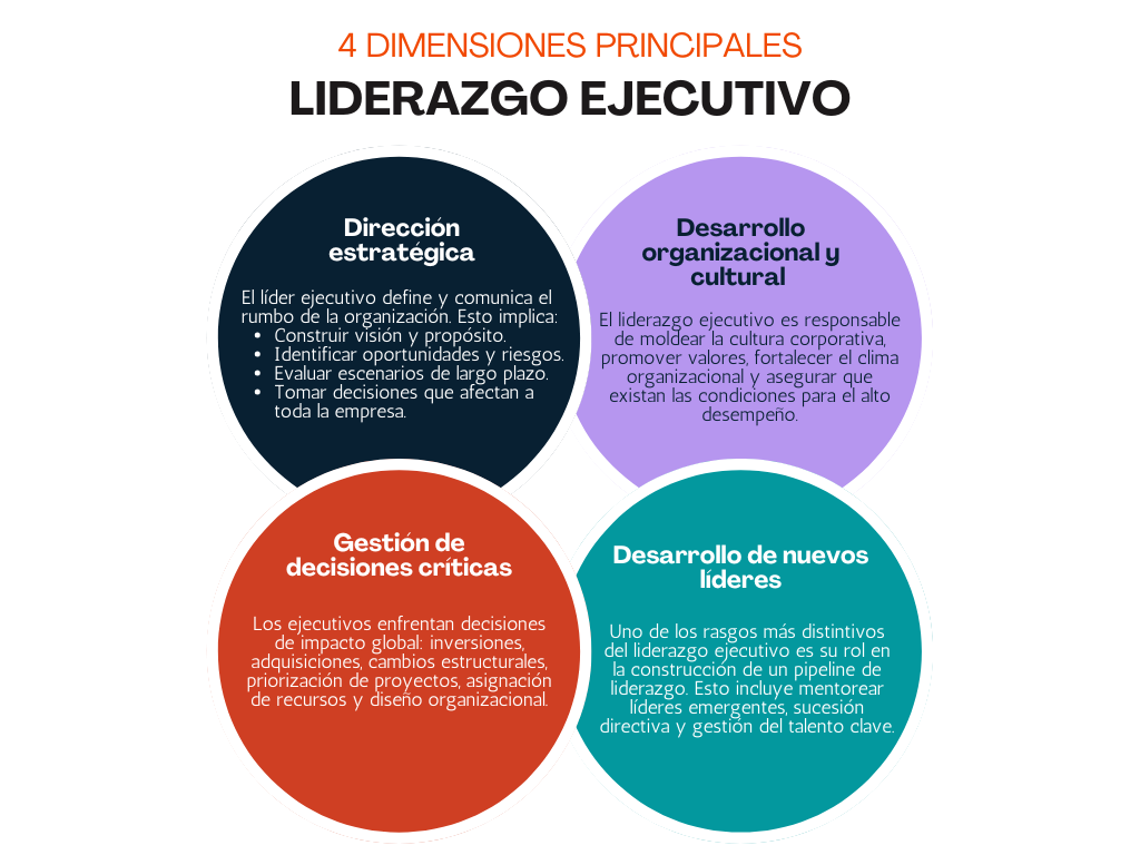 4 dimensiones del Liderazgo ejecutivo: Dirección estratégica; Desarrollo organizacional y cultural; Gestión de decisiones críticas y Desarrollo de nuevos líderes.